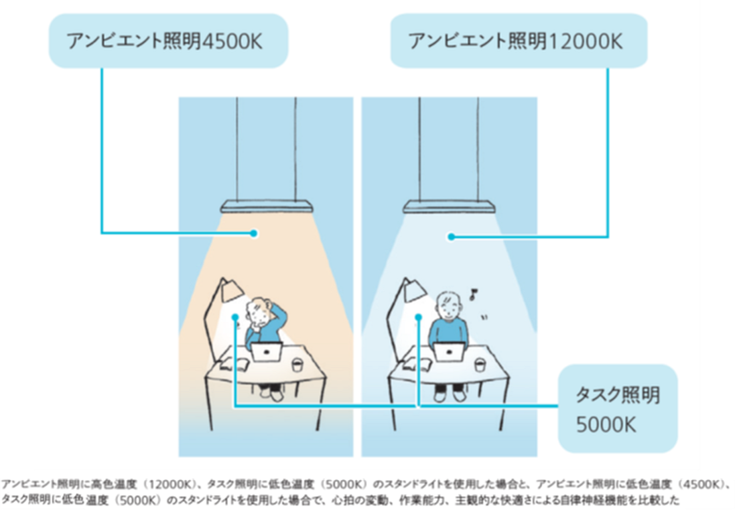 ＜仕事がはかどる光＞集中したい仕事は、高色温度のアンビエント光の下がよい。