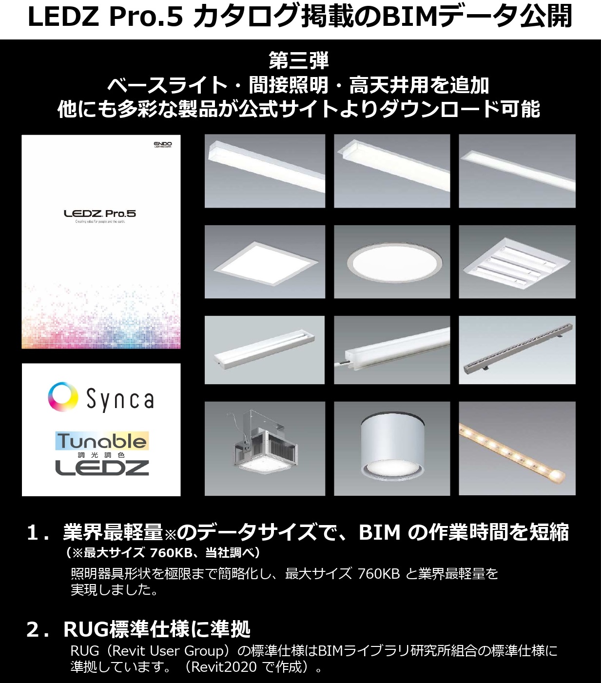 新・総合カタログ「LEDZ Pro.5」BIMデータ　第三弾ベースライト・間接照明・高天井用