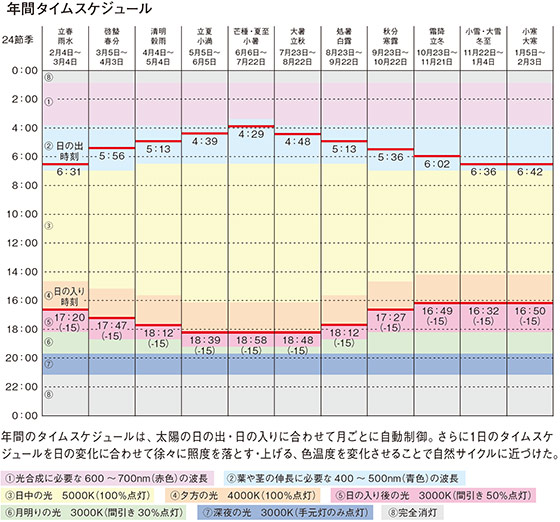 年間のタイムスケジュールは、太陽の日の出・日の入りに合わせて月ごとに自動制御。さらに1日のタイムスケ ジュールを日の変化に合わせて徐々に照度を落とす・上げる、色温度を変化させることで自然サイクルに近づけた。