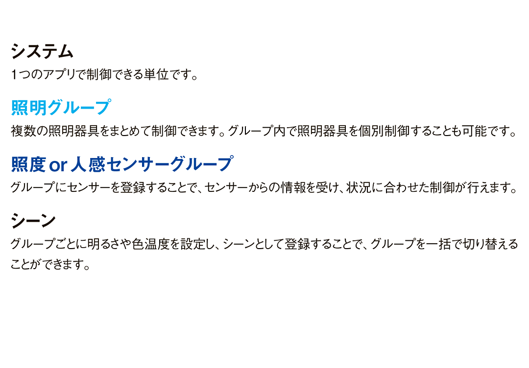 システム:1つのアプリで制御できる単位です。 照明グループ:複数の照明器具をまとめて制御できます。グループ内で照明器具を個別制御することも可能です。 照度or人感センサーグループ:グループにセンサーを登録することで、センサーからの情報を受け、状況に合わせた制御が行えます。 シーン:グループごとに明るさや色温度を設定し、シーンとして登録することで、グループを一括で切り替えることができます。