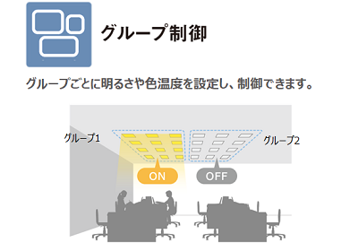 グループ制御:グループごとに明るさや色温度を設定し、制御できます。