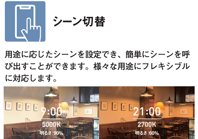 シーン切替:用途に応じたシーンを設定でき、簡単にシーンを呼び出すことができます。